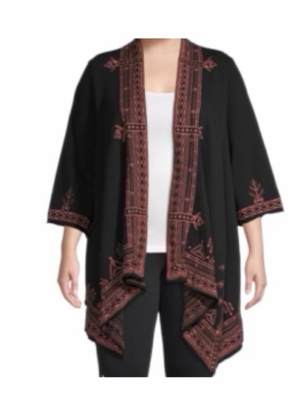 Johnny Was Eyal Black Open-Front Embroidered Waterfall Cardigan w/ Rust Trim 1X
